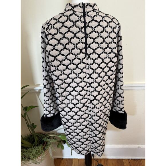 Tyler Boe Black Cream Fur Sleeves Dress Tunic Dress Stunning Mod 60s MIDI Size L - Picture 7 of 16